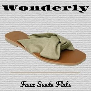 WONDERLY Garland Soft Faux Suede Twist Top Straps Flat Sandals-Olive 10M/NWT